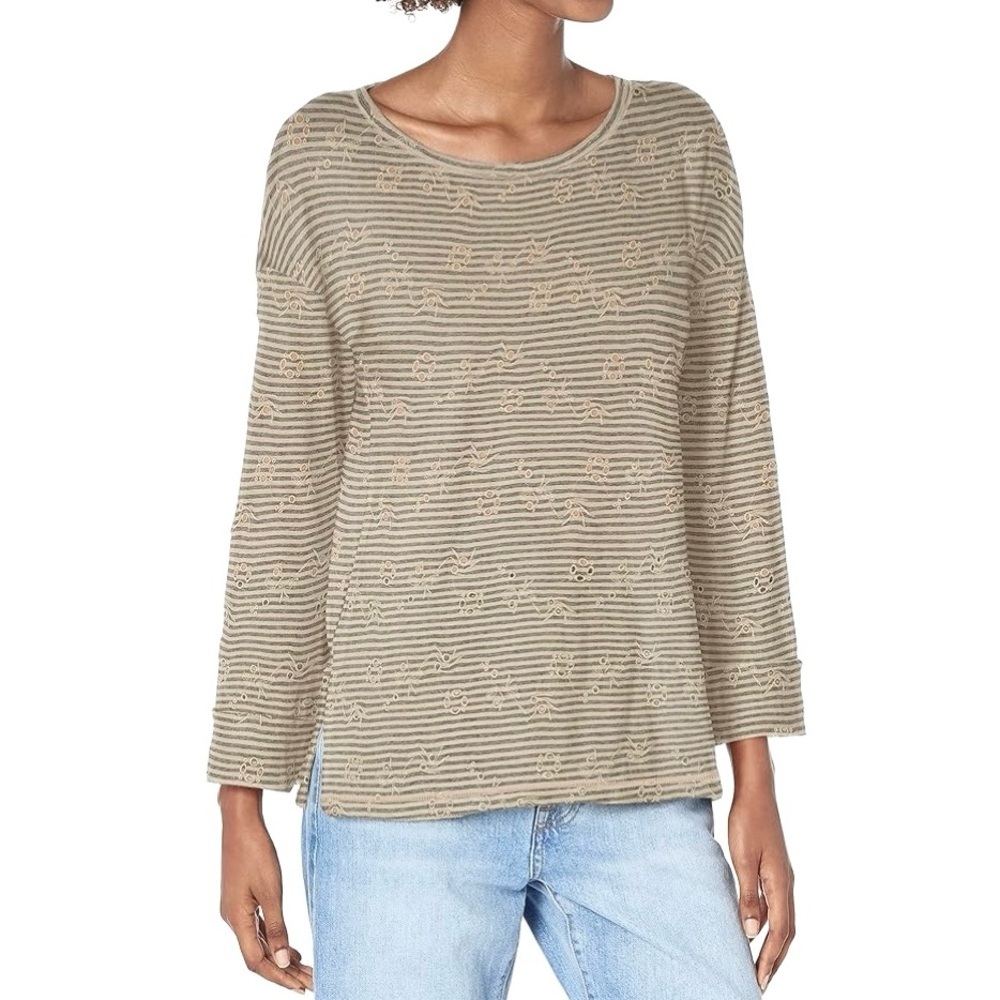 Lucky Brand NWT Eyelet Striped Basic T-Shirt, Beige Size M